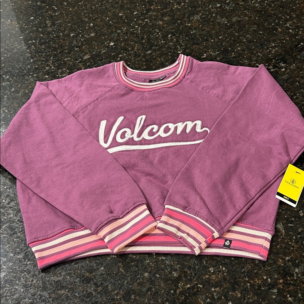 Volcom Girl’s Crew Neck Sweatshirt sz 8/10 NWT Striped Cuffs Dusty Purple $25